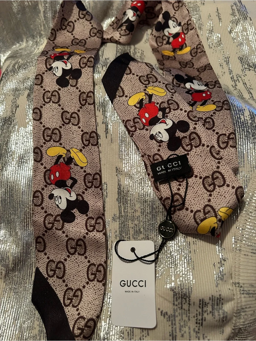 Gucci Beige Brown GG Mickey 100% Silk Twilly Scarf with Red Yellow Accents